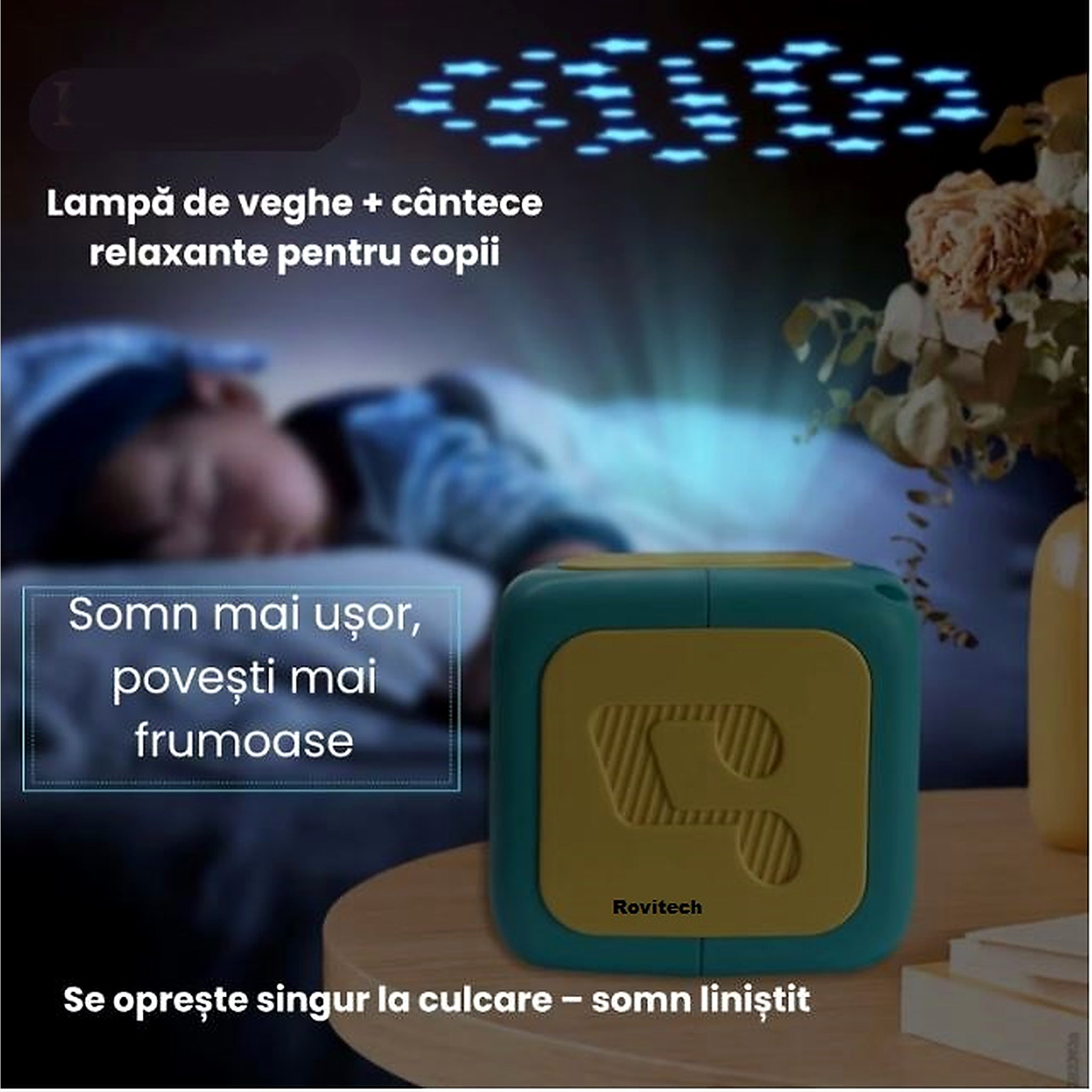 Proiector cu povesti pentru copii in limba romana, 8 povesti clasice, proiectie pe tavan si perete, 8 cantece de leagan, lampa de veghe, oprire automata