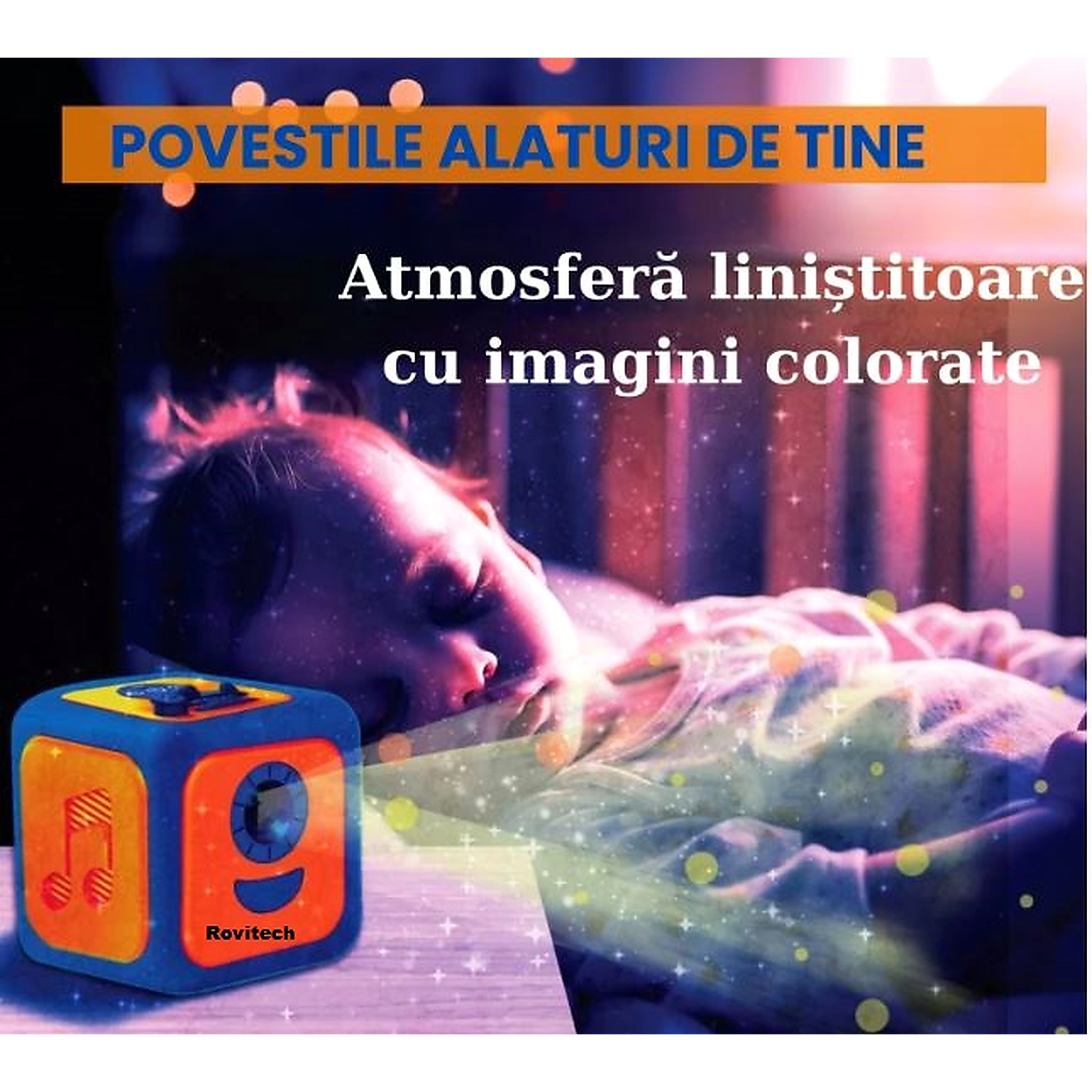 Proiector cu povesti pentru copii in limba romana, 8 povesti clasice, proiectie pe tavan si perete, 8 cantece de leagan, lampa de veghe, oprire automata