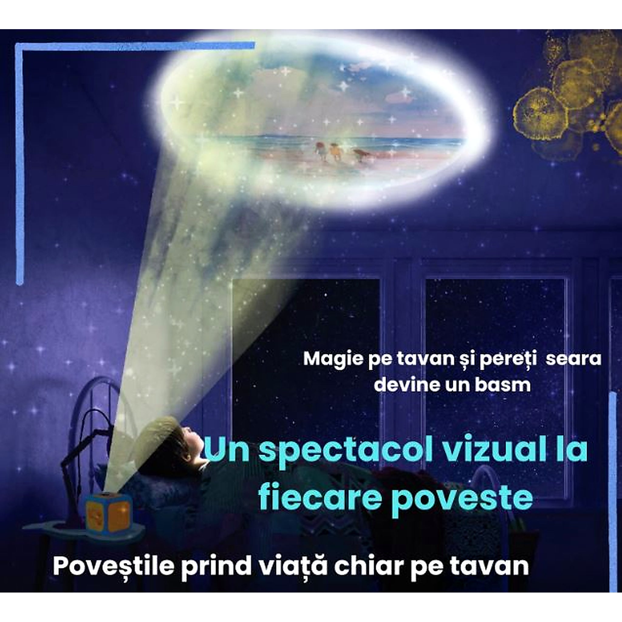 Proiector cu povesti pentru copii in limba romana, 8 povesti clasice, proiectie pe tavan si perete, 8 cantece de leagan, lampa de veghe, oprire automata
