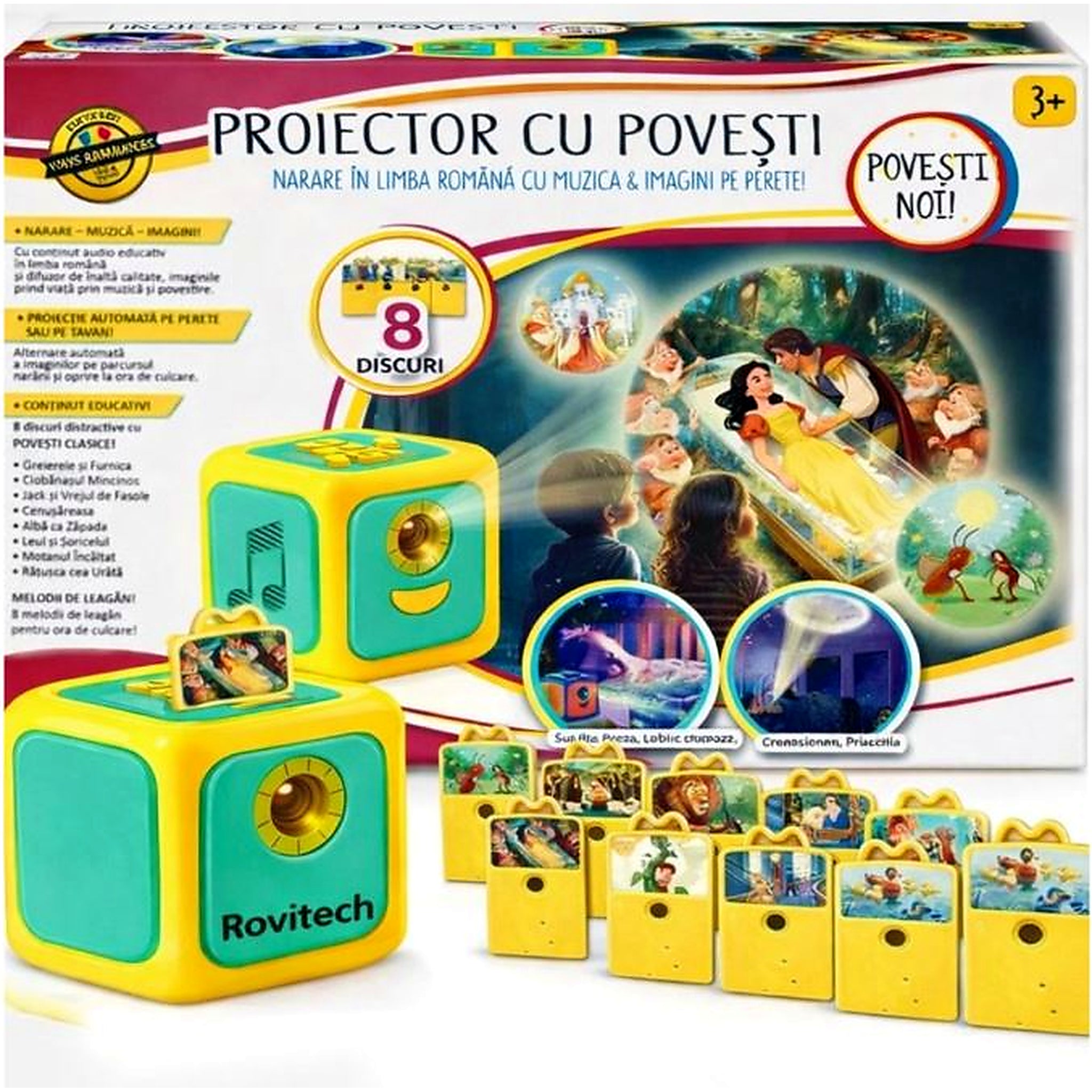 Proiector cu povesti pentru copii in limba romana, 8 povesti clasice, proiectie pe tavan si perete, 8 cantece de leagan, lampa de veghe, oprire automata