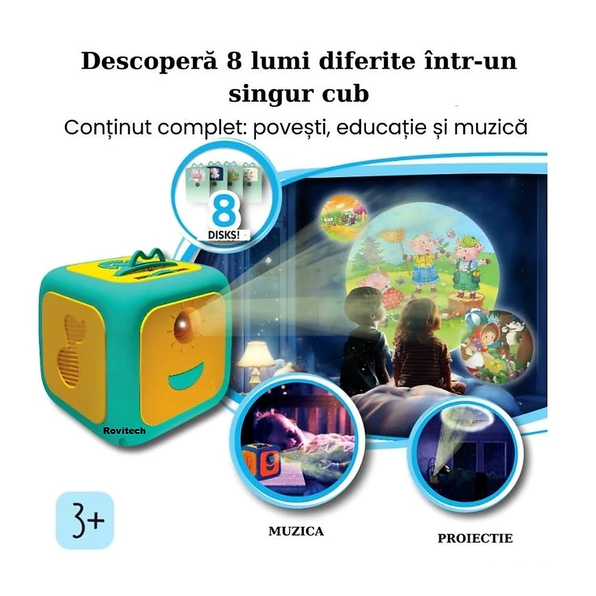 Proiector cu povesti pentru copii in limba romana, 8 povesti clasice, proiectie pe tavan si perete, 8 cantece de leagan, lampa de veghe, oprire automata