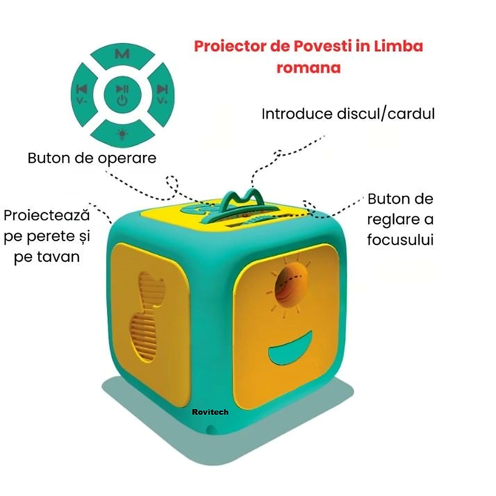 Proiector cu povesti pentru copii in limba romana, 8 povesti clasice, proiectie pe tavan si perete, 8 cantece de leagan, lampa de veghe, oprire automata