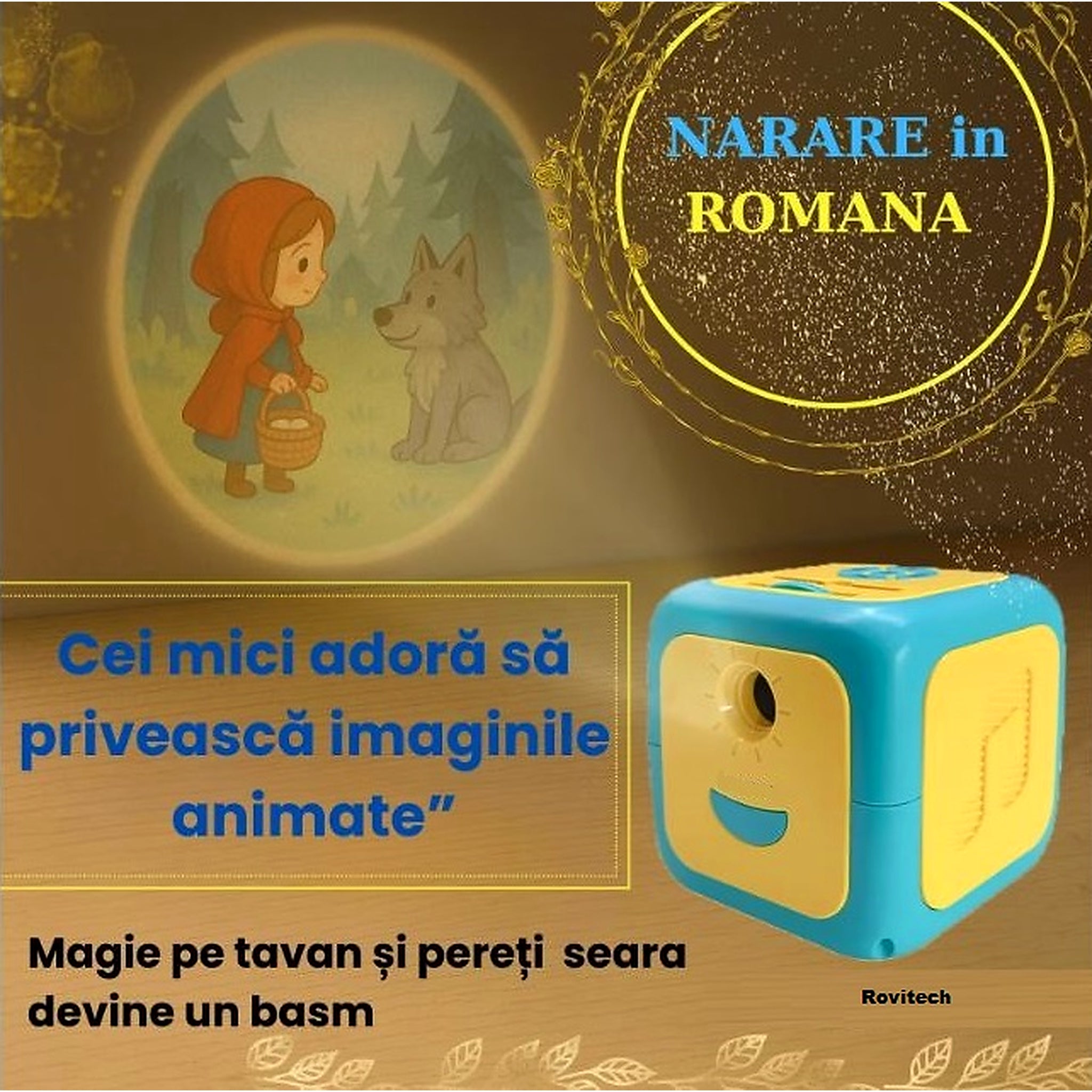Proiector cu povesti pentru copii in limba romana, 8 povesti clasice, proiectie pe tavan si perete, 8 cantece de leagan, lampa de veghe, oprire automata