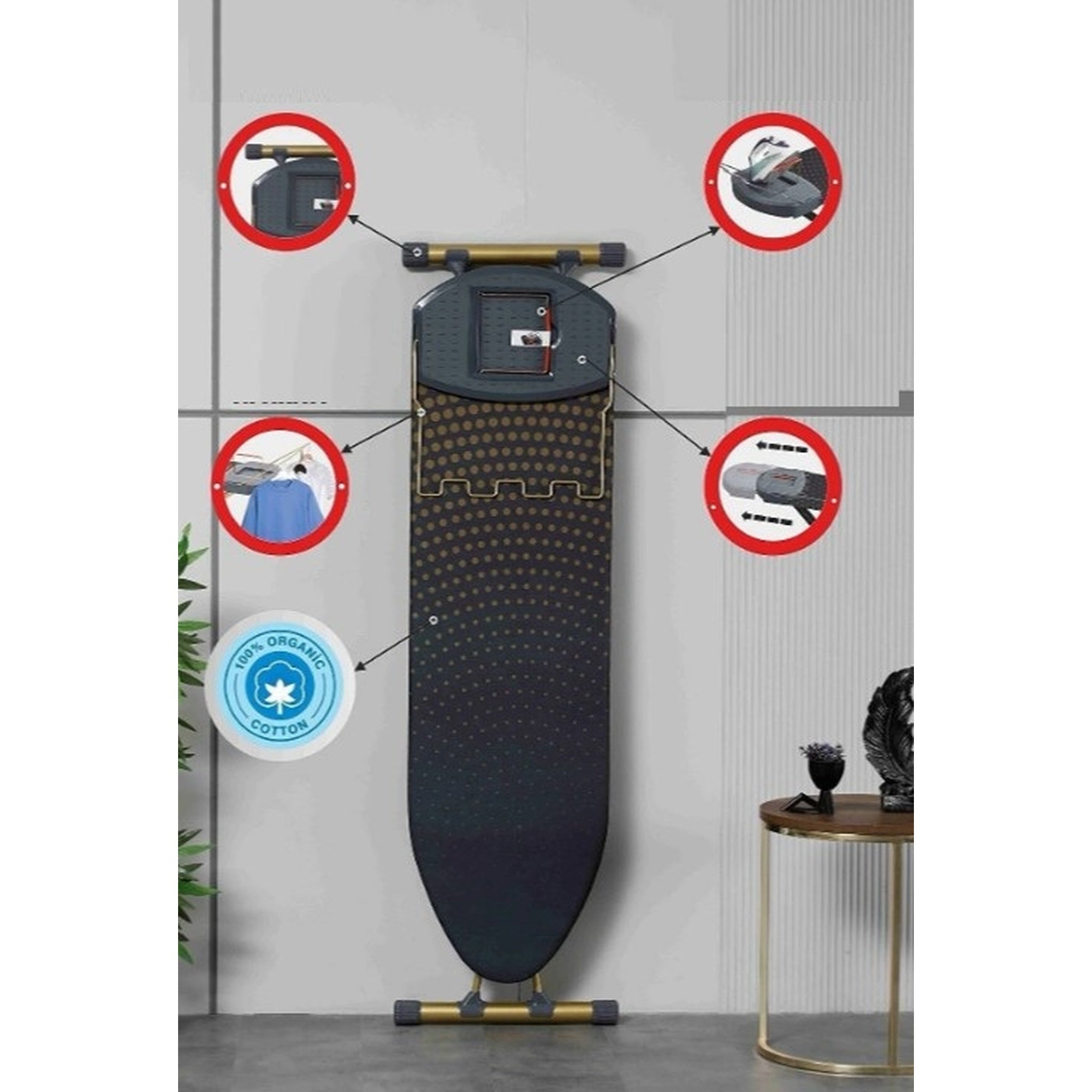 Masa de calcat SmartBoard Premium, pentru fier si statie de calcat, bumbac 100%, prelungitor incorporat, monobloc, suprafata 40X140 cm, inaltime 68-90 cm