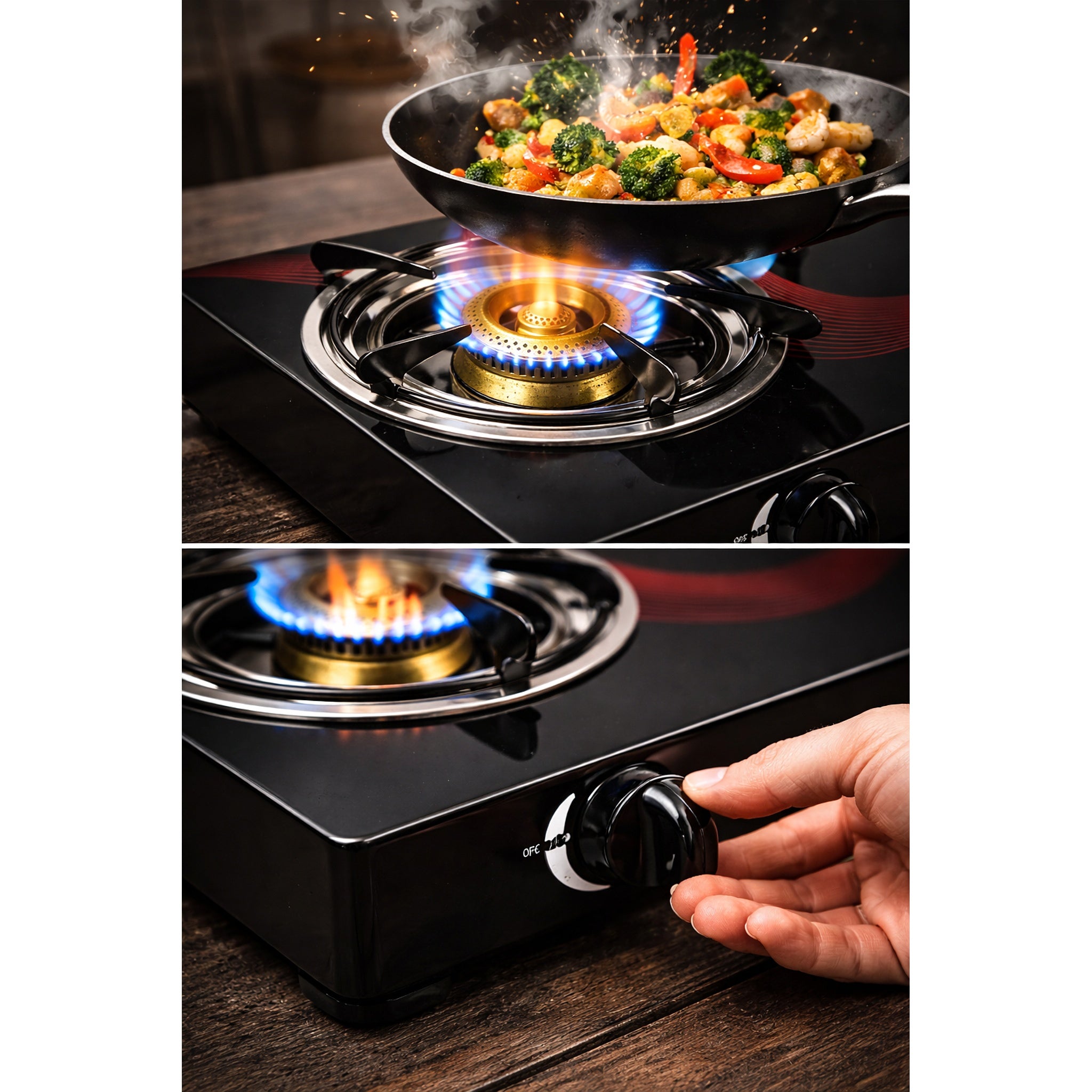 Aragaz plita 2 arzatoare, sticla securizata, aprindere pe quartz, alimentare butelie, set complet accesorii inclus