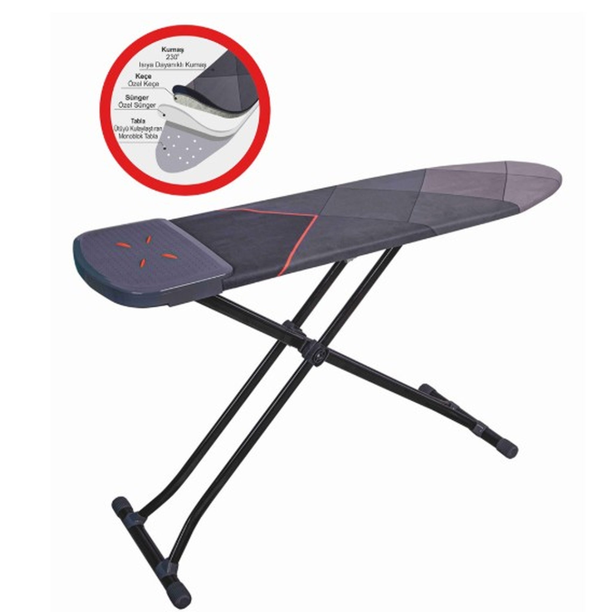 Masa de calcat AlfBoard Premium, pentru fier si statie de calcat, bumbac 100%, prelungitor incorporat, monobloc, suprafata 43X150 cm, inaltime 60-90 cm