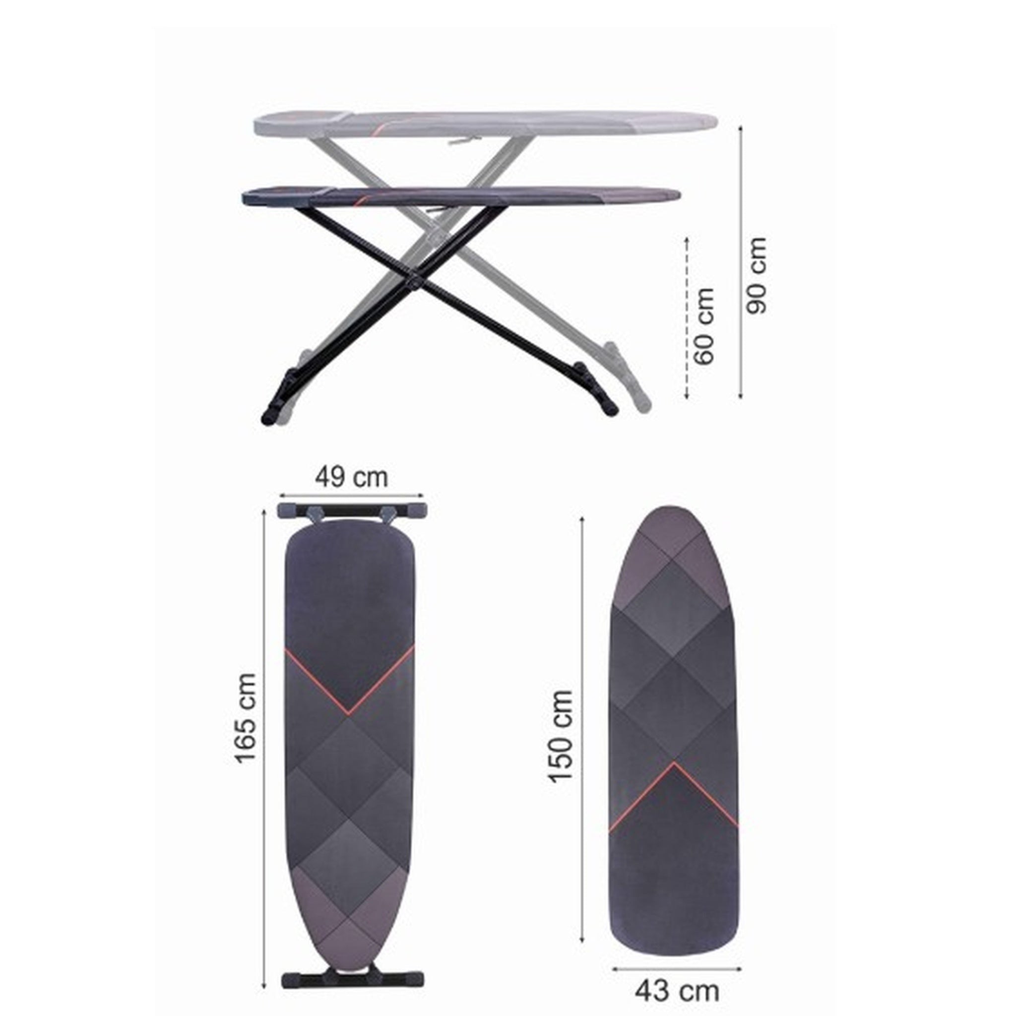 Masa de calcat AlfBoard Premium, pentru fier si statie de calcat, bumbac 100%, prelungitor incorporat, monobloc, suprafata 43X150 cm, inaltime 60-90 cm