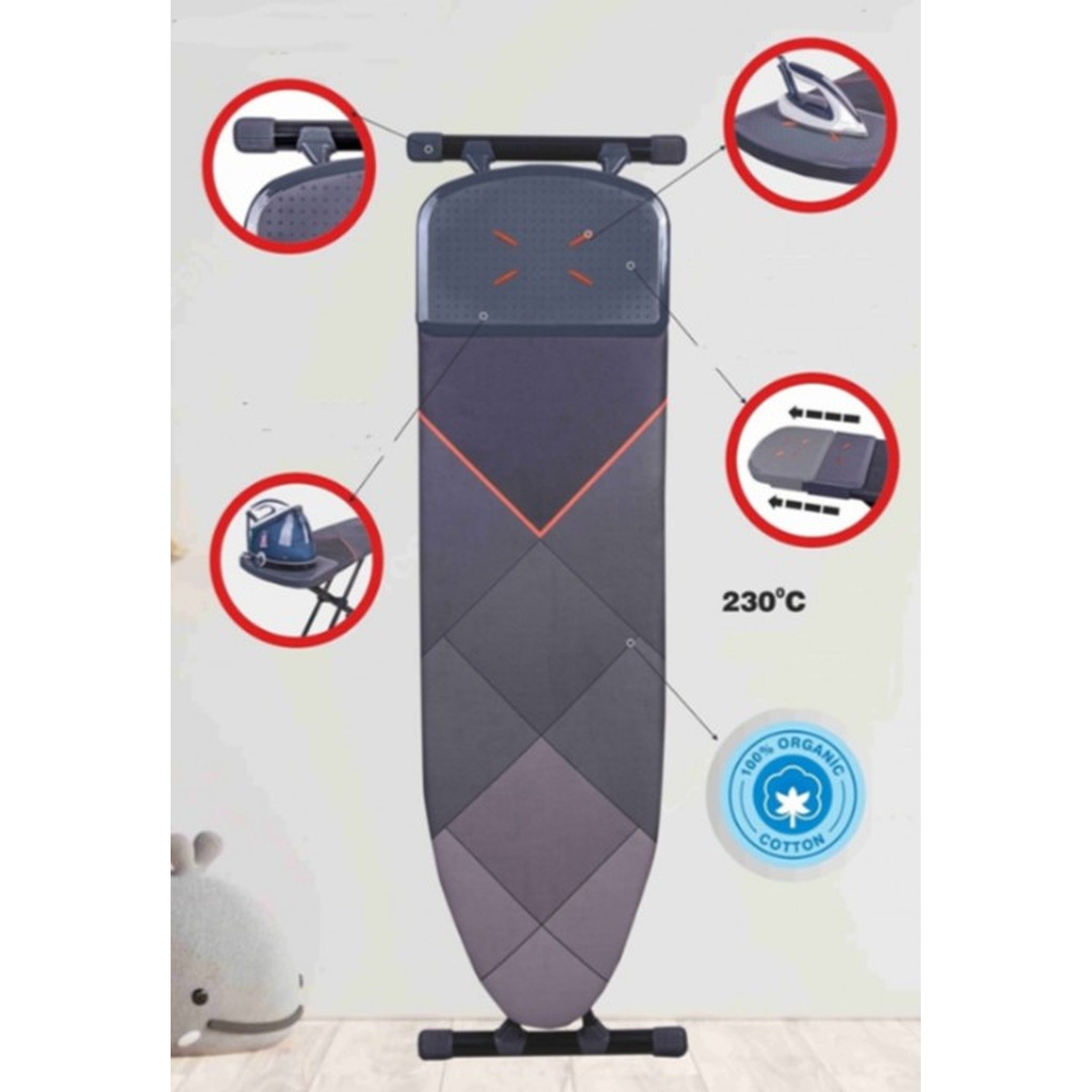 Masa de calcat AlfBoard Premium, pentru fier si statie de calcat, bumbac 100%, prelungitor incorporat, monobloc, suprafata 43X150 cm, inaltime 60-90 cm