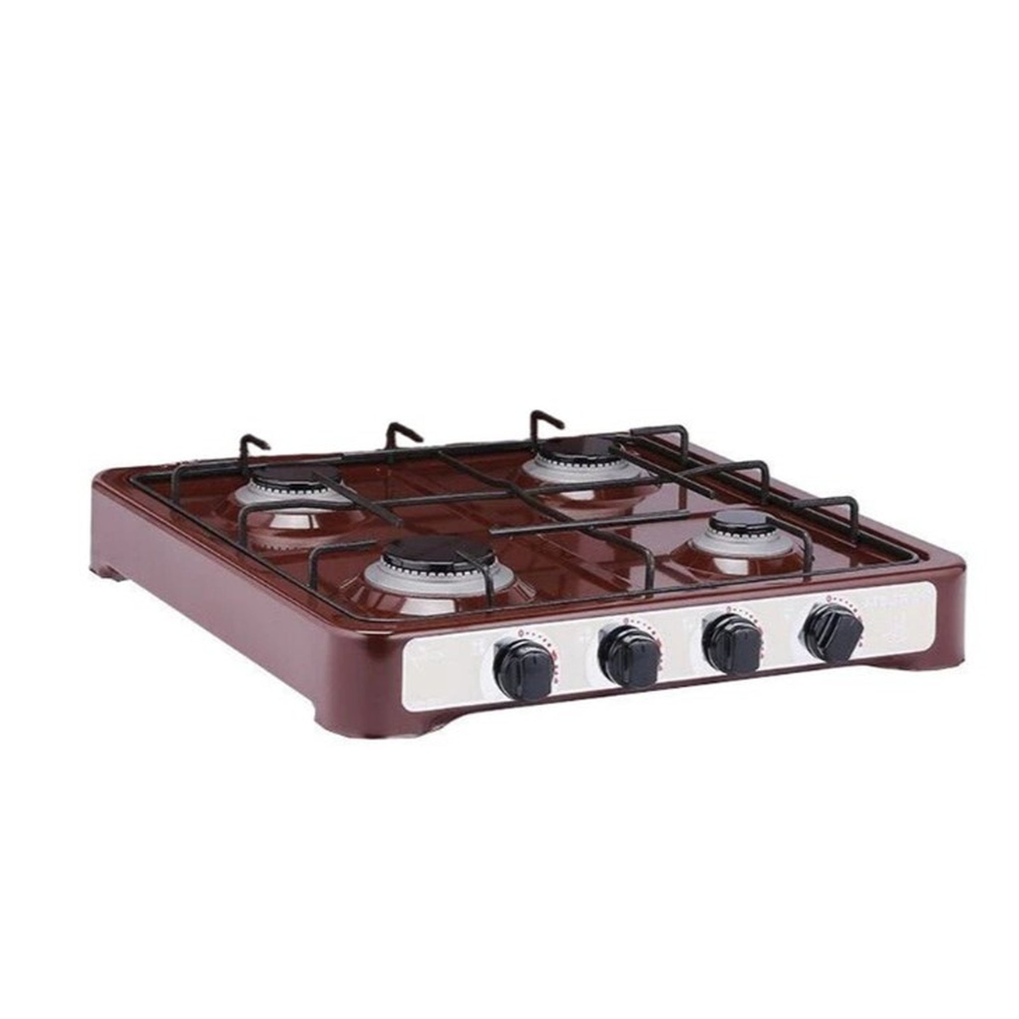 Aragaz emailat cu 4 ochiuri, GPL butelie, ceas butelie, furtun, 2 coliere, 2 garnituri, 0, 9 KW, 2X1, 5 KW, 1, 9 KW, maro