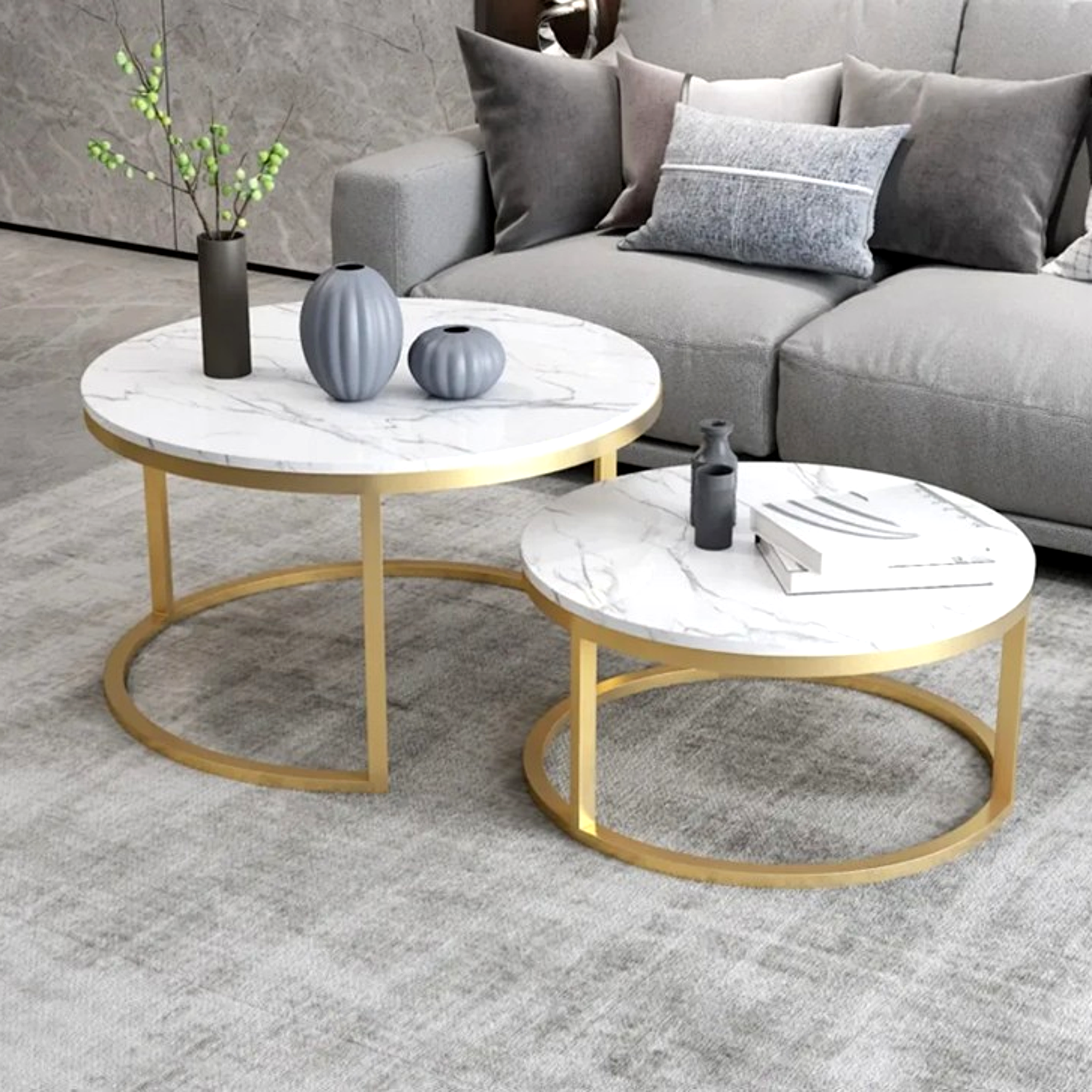 Set 2 masute cafea, MDF, cadru metalic, 70x45 cm, alb/auriu
