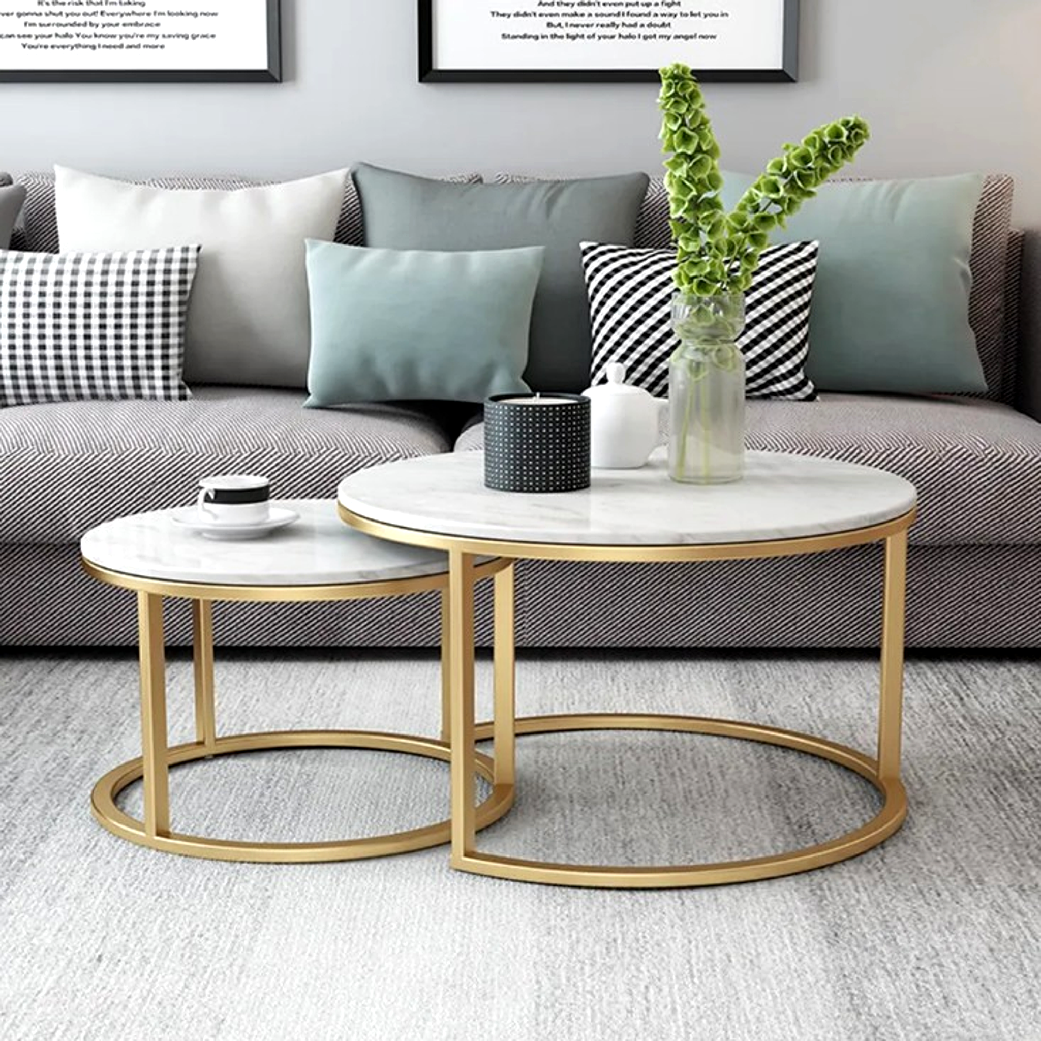 Set 2 masute cafea, MDF, cadru metalic, 70x45 cm, alb/auriu