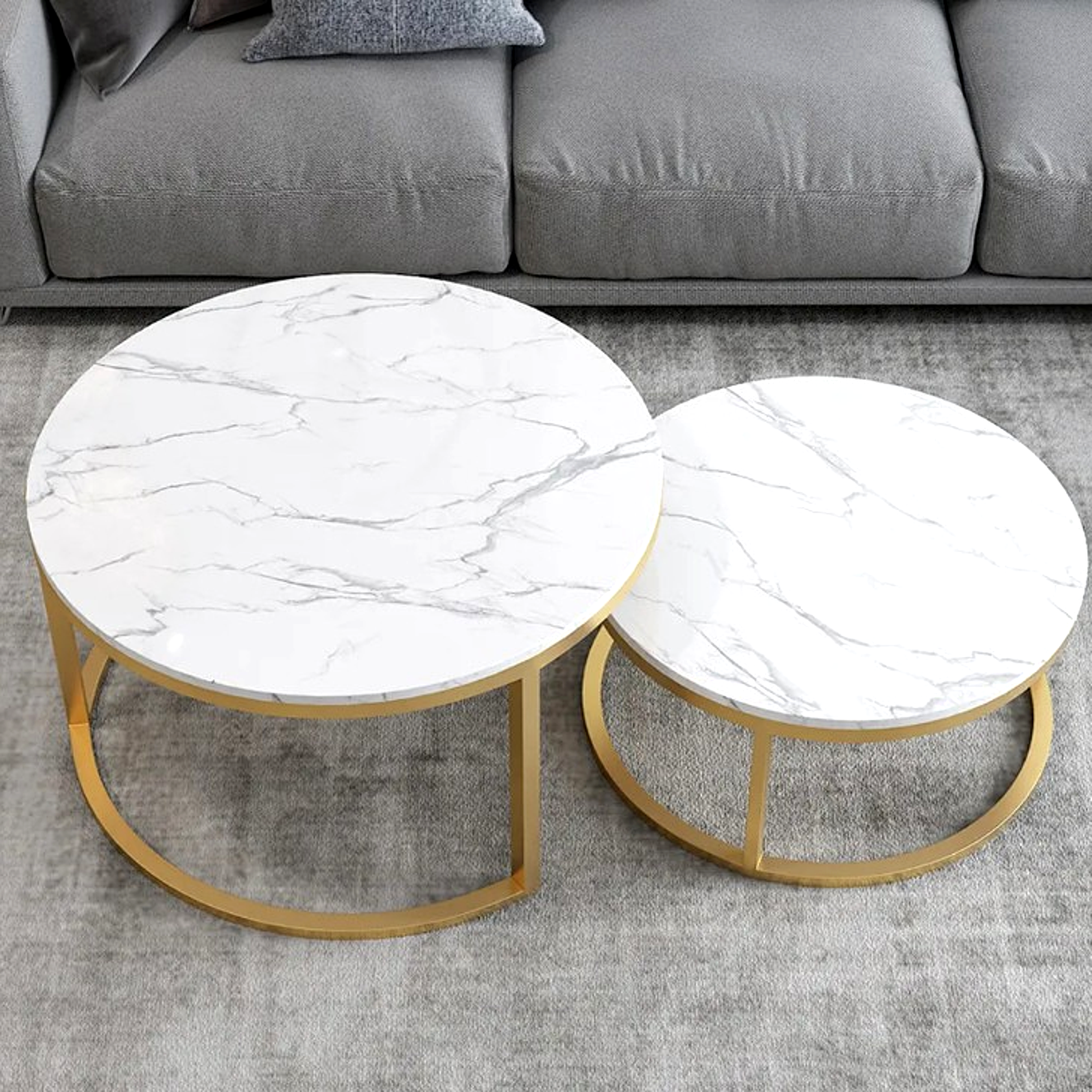 Set 2 masute cafea, MDF, cadru metalic, 70x45 cm, alb/auriu