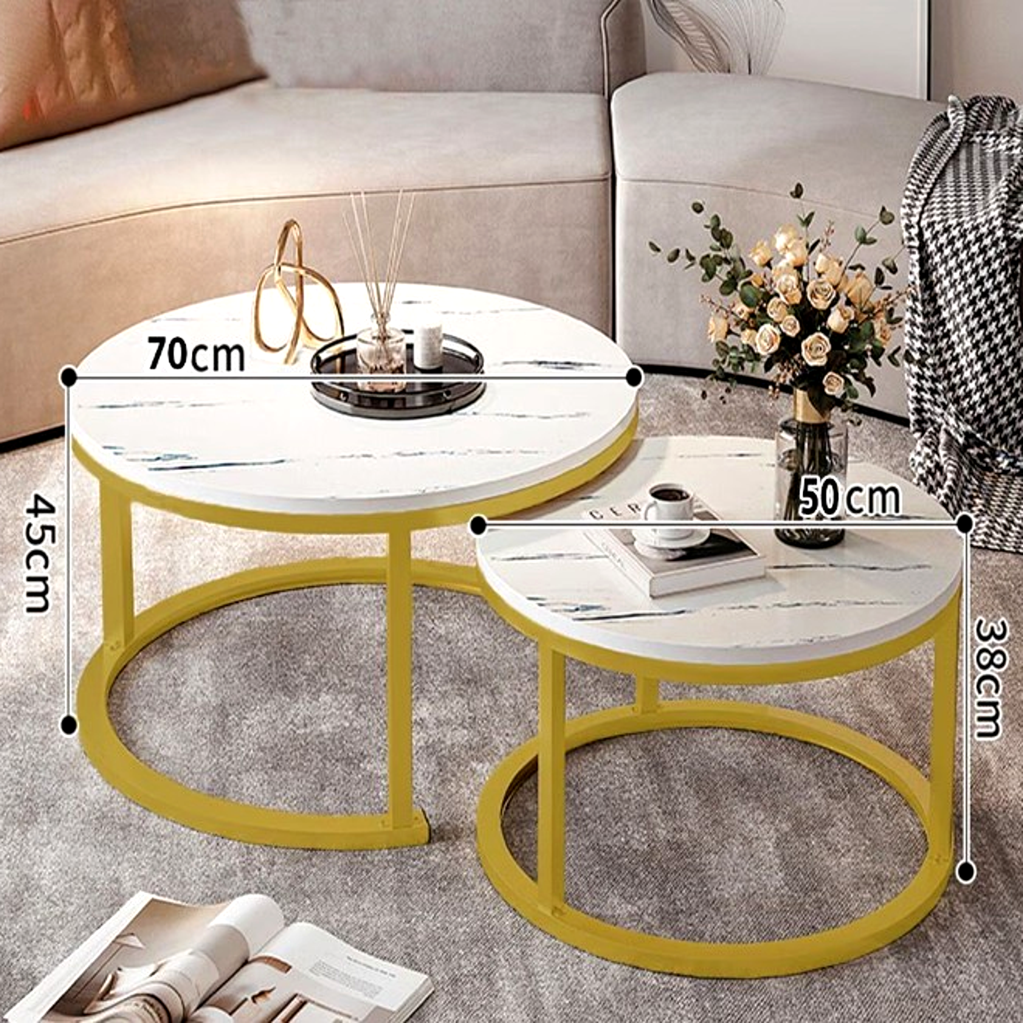 Set 2 masute cafea, MDF, cadru metalic, 70x45 cm, alb/auriu